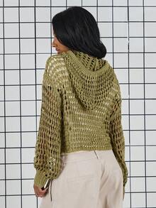 COUREZ Long Sleeve Open Knit Zip Thru Hoodie /Y2K Spring Clothes For Women Street Streetwear Cute Hoodies Going Out Outfits Party Rave Outfits Summer Tops Summer Outfits - Green - View 3