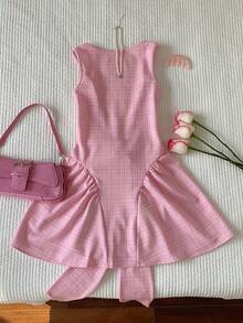 Comfortcana 女士格子印花露背蝴蝶结装饰无袖迷你连衣裙 - 粉色 - 查看 3