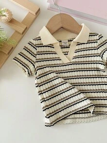 SHEIN 女婴条纹休闲Polo衫，百搭可爱，杏色 - 彩色 - 查看 5