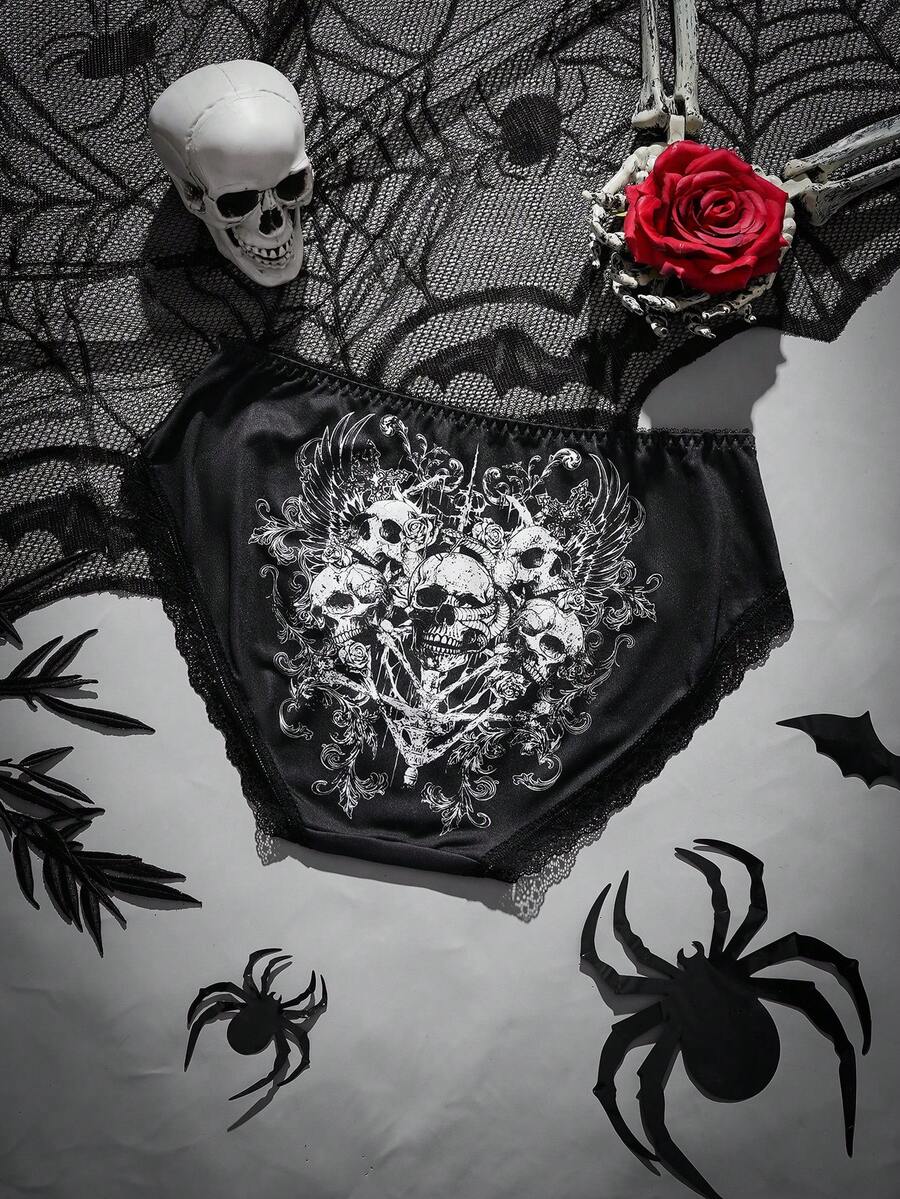 1 pieza Tanga de mujer de la serie oscura con estampado de calavera gótico - Blanco y Negro - Ver 1