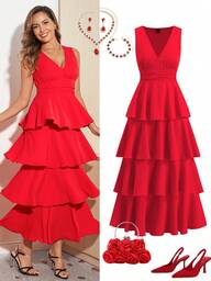 Ellevyn Nuovo abito elegante da donna con scollo a V, vita stretta, gonna a ruota, adatto per appuntamenti di San Valentino