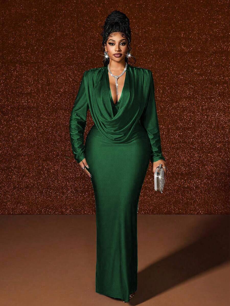 Maweii Vestido maxi de manga larga ajustado con cuello drapeado y fruncido, estilo de fiesta, talla grande y unicolor - Verde - Ver 1