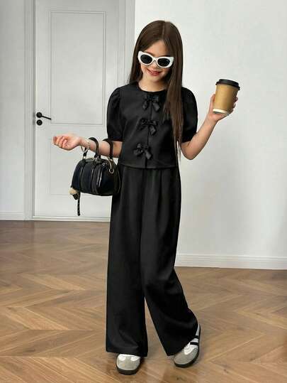 SHEIN Nova Glow 少女休闲时尚圆领泡泡袖上衣和裤子套装