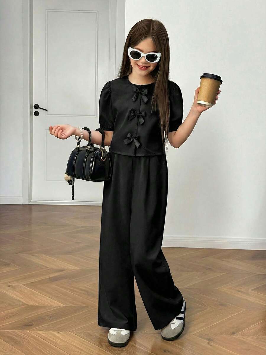 SHEIN Nova Glow 少女休闲时尚圆领泡泡袖上衣和裤子套装