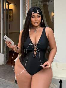 Swim SXY Plus Size Women's One-Piece Drawstring Sexy Backless Swimsuit, Suitable For Vacation And Party - Black - View 4