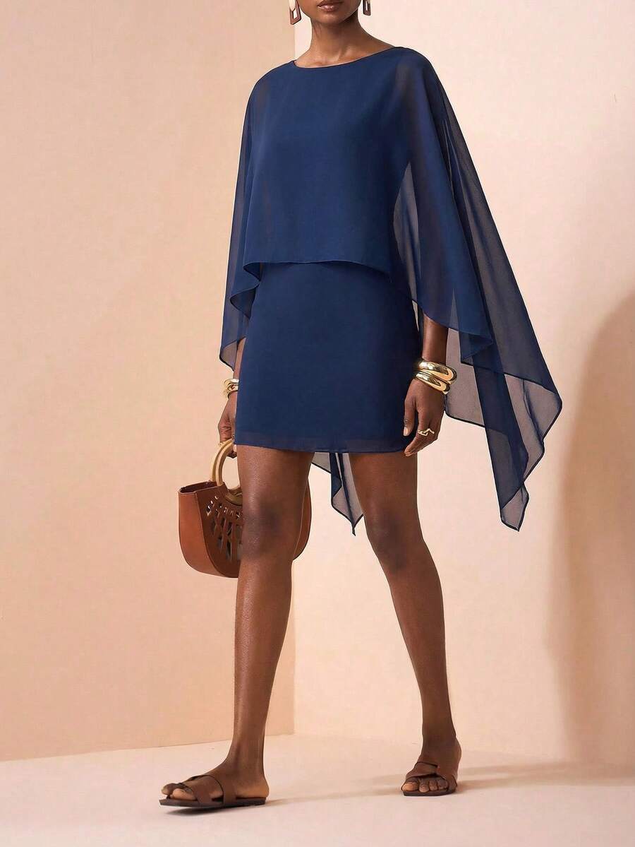 SHEIN Veneréa 藏蓝色蝙蝠袖露背优雅女士迷你连衣裙 - 藏蓝色 - 查看 1