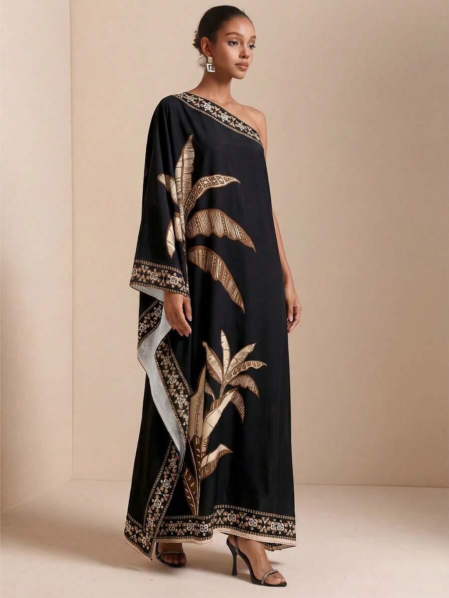 SHEIN Veneréa 女士植物印花花卉图案滚边垂褶睡袍 - 彩色 - 查看 1