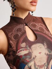 Grunge Punk 复古中国风佛像印花紧身女式背心 - 咖啡棕 - 查看 6
