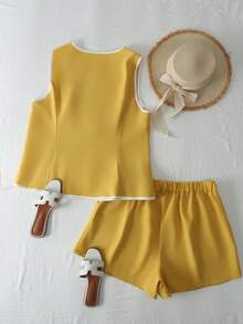 GlowEve CURVE Plus Size Women 2pcs Set: Round Neck Sleeveless Top And Shorts, Casual Elegant Daily Wear Brunch Mustard Yellow Summer - Yellow - View 2