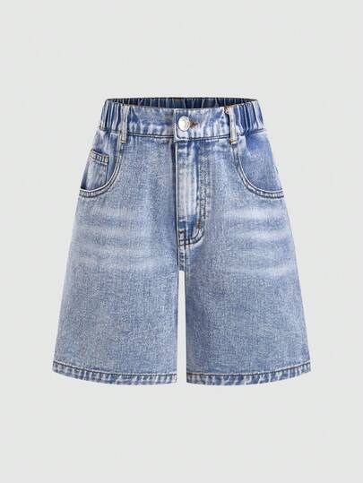 Girl's Y2K Fashion Casual Versatile Streetwear Light Blue Vintage Washed High Waist Loose Bermuda Denim Shorts, Loose Fit Wide Leg Denim Shorts, Suitable For Summer Beach, Boho Vacation, Concerts, Casual Parties, Brunch, Church, Graduation, Back To School