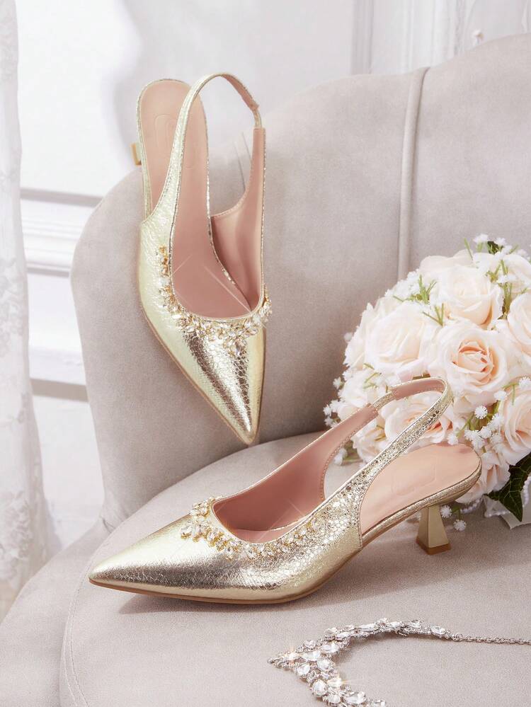 CUCCOO HITCHD Women's Pointed Toe Rhinestone Decor Elegant High Heels Valentine's Day Elegant Shoes