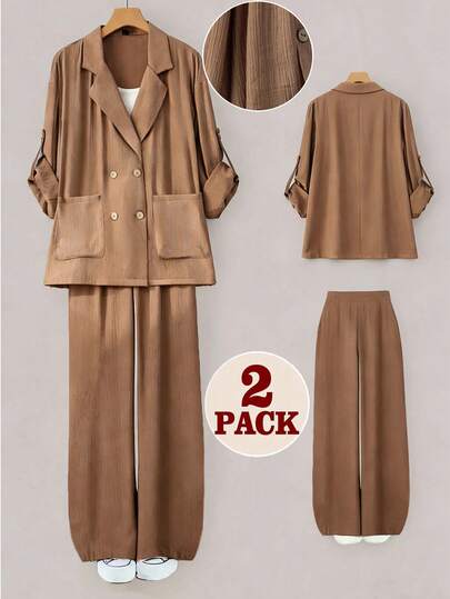 Linhara Plus Size Khaki Textured Casual & Office Suit Set