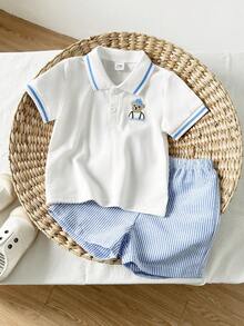 Playful Pals Bộ 2 món cho bé trai, gồm áo polo thêu họa tiết và quần short kẻ sọc, thích hợp mặc hàng ngày vào mùa xuân/hè, đi chơi thể thao và đến trường. - Màu xanh lam - Xem 4