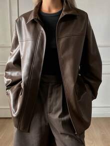 Livesso 女士宽松休闲棕色皮夹克，适合春、夏、秋、冬四季穿着。