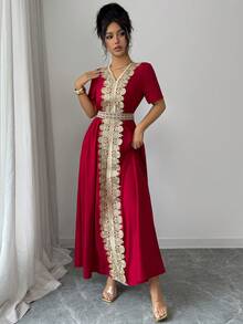 Islaluna 女士优雅奢华金色丝带V领收腰短袖红色长连衣裙，春夏款 - 紅色 - 查看 6