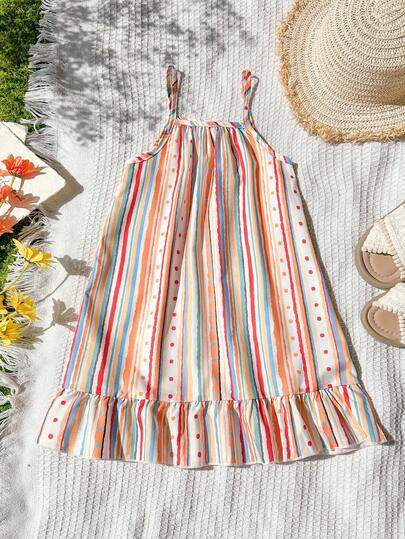 SHEIN Vintaside Kids 女童无袖吊带连衣裙，采用彩色红色条纹数码印花，休闲时尚，适合旅行、度假和海滩穿着。