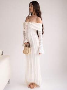 Andrea Bello Tea Break Outfit Sweet And Elegant Dress Off-Shoulder Long-Sleeved Dress Date Outfit 3D Floral Dress - White - View 4