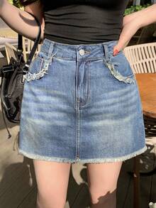 DAZY 女士高腰带口袋毛边休闲短牛仔裙裤 - 中等水洗藍 - 查看 8