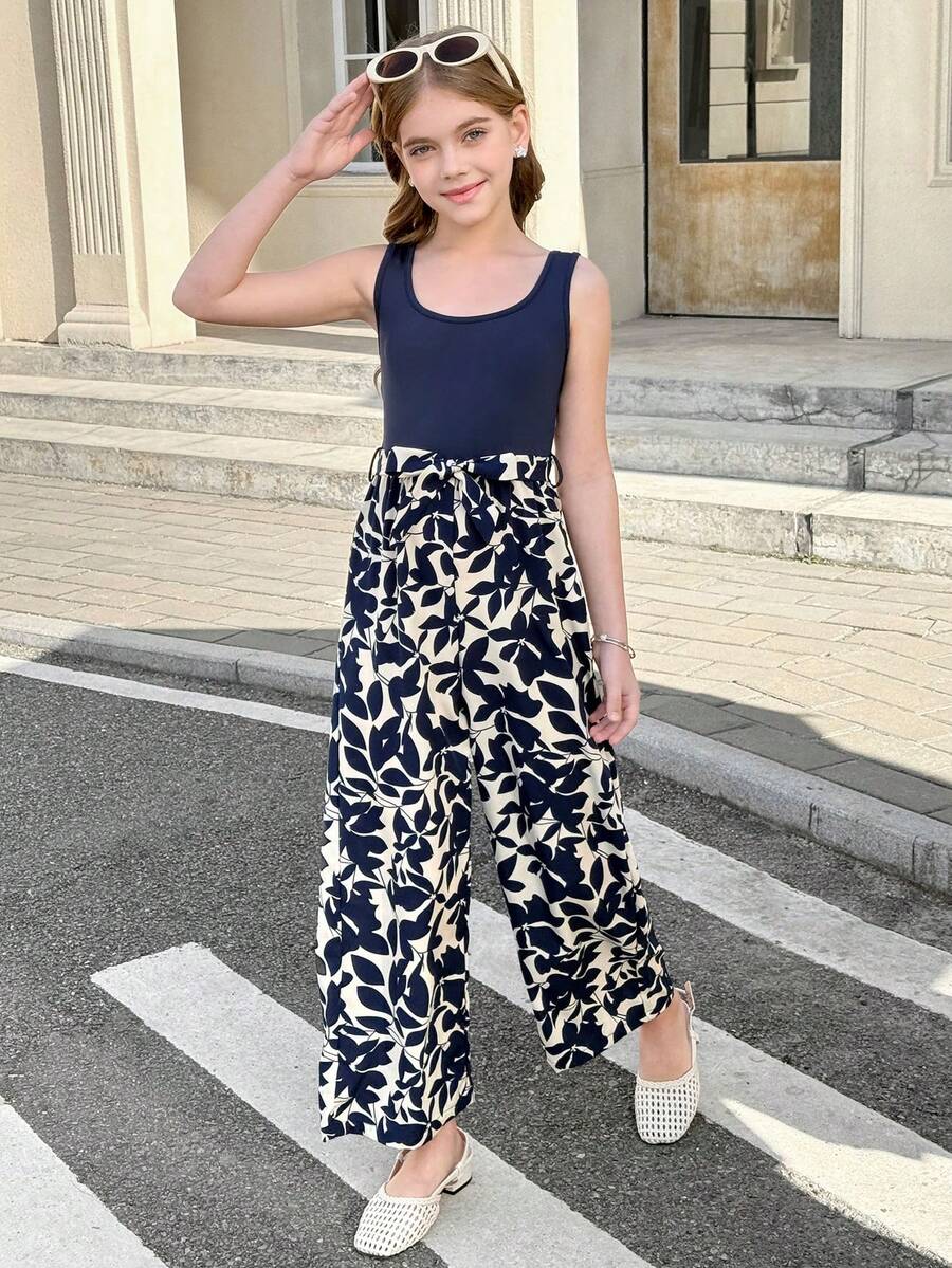 SHEIN Tween Girl Casual Street Style Knit Patchwork Woven Print Jumpsuit - Black - View 1