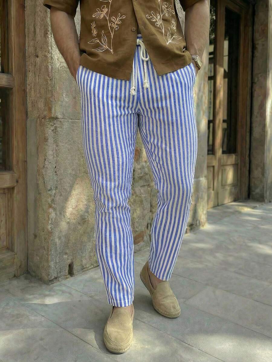 HIMLAND 男士休闲梭织竖条纹中腰抽绳锥形裤，秋季，Old Money - 彩色 - 查看 1