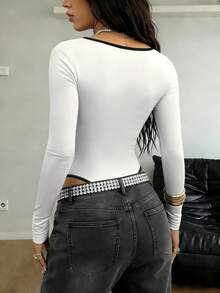 SHEIN Women's Contrast Trim Deep V Neckline Long Sleeve Fitted Bodysuit - White - View 2