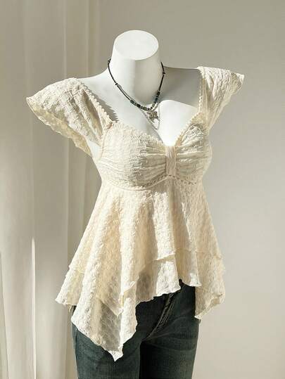 Elamini New Sexy Lace Trim Square Neck Top For Women, Textured Knit Fitted Slim Fit T-Shirt, Spring/Summer