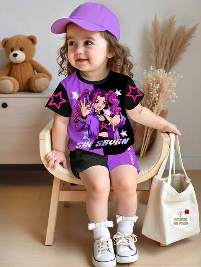 SHEIN Conjunto de 2 piezas de camiseta de manga corta con cuello redondo y pantalones cortos con estampado de letra y estrella de grupo musical K-POP colorido y divertido número 67 para niña bebé, adecuado para el verano