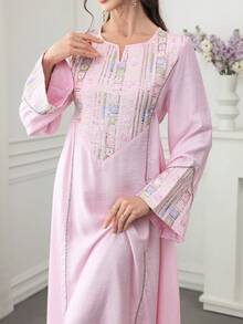 Al Najma Vestido con cuello redondo y mangas acampanadas, con decoración bordada y de lentejuelas, con bajo acampanado, de estilo árabe y colorido - Rosa - Ver 5
