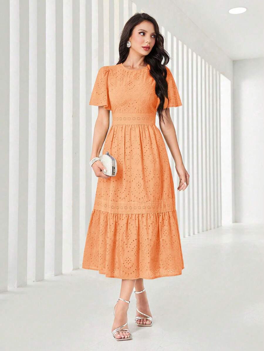 Modelyn Đầm maxi màu tím hoa cà trơn, thanh lịch, khoét rỗng, thêu họa tiết, thích hợp cho mùa hè. - trái cam - Xem 1