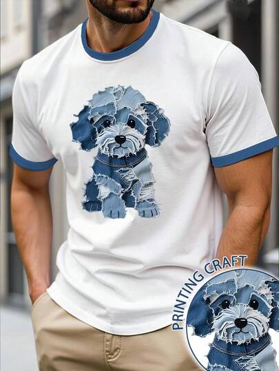 Manfinity Dauomo Men's Vintage Patchwork Dog Graphic Contrast Color Print Round Neck Short Sleeve Simple T-Shirt, Summer
