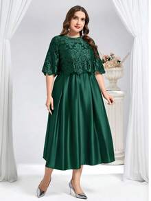 Reflora Vestido elegante de encaje de unicolor con cuello redondo y manga corta para tallas grandes - Verde - View 8