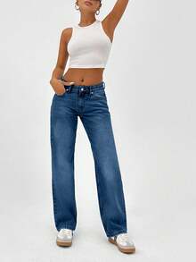 CasuGlow 100% Cotton LOW RISE  STRAIGHT FIT VINTAGE WASH Y2K STYLE JEAN - Royal Blue - View 3