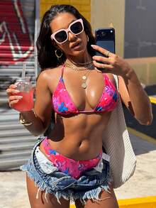 Vaytide 2pcs/Set New Ditsy Floral Halter Triangle Sexy Bikini Swimsuit Set, Women Holiday Style For Summer Beach Vacation - Multicolor - View 1