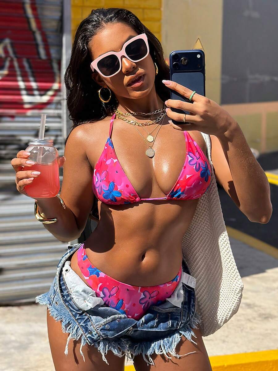 Vaytide 2pcs/Set New Ditsy Floral Halter Triangle Sexy Bikini Swimsuit Set, Women Holiday Style For Summer Beach Vacation - Multicolor - View 1