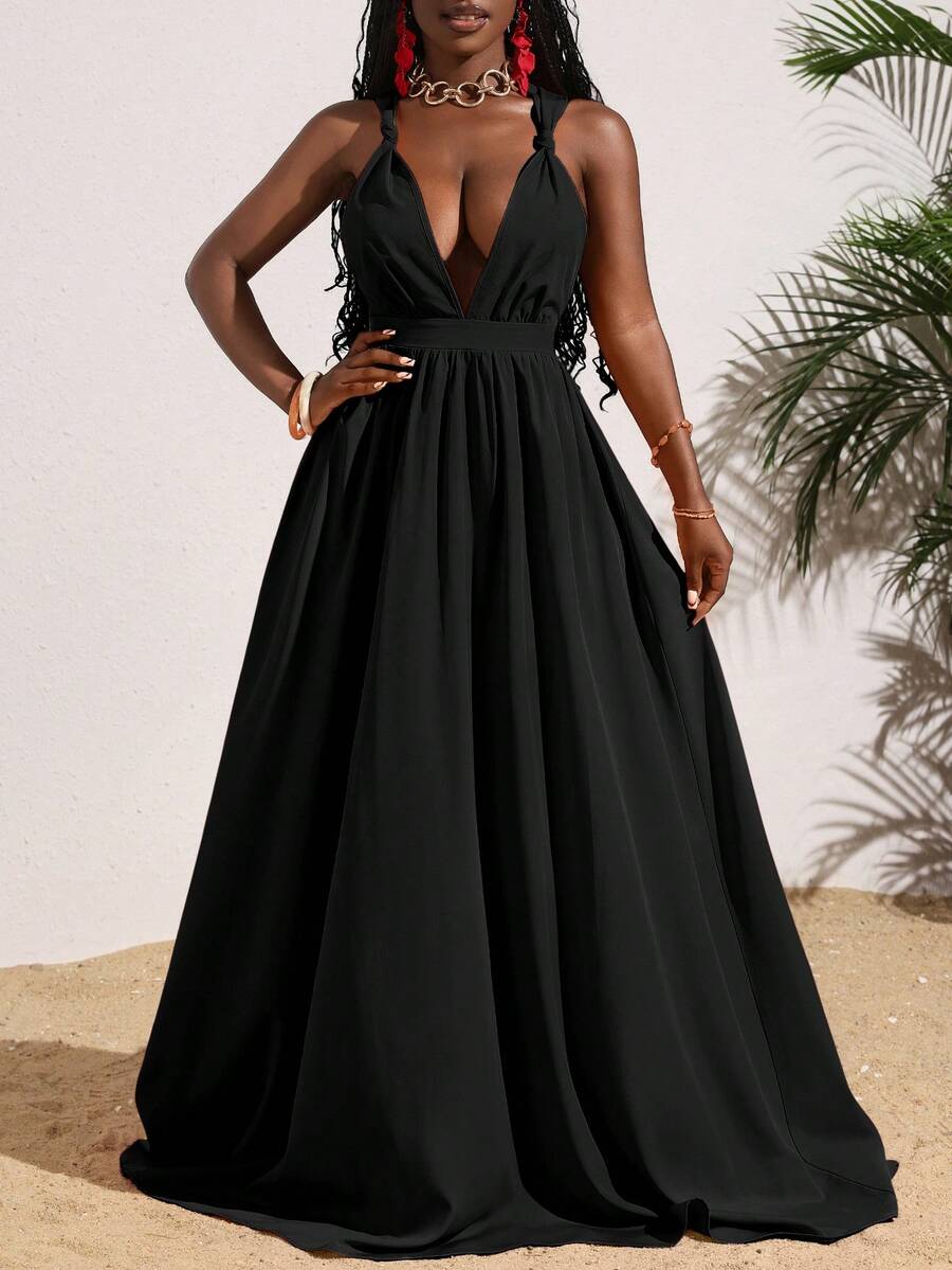 SHEIN Slayr Women's Sexy Solid Orange Deep V-Neck Backless Criss-Cross Tie Long Dress, Summer Vacation Wrap Around Dresses For Ladies Women Dress Deep V Neck Dress Maxi Dress Black Dress - Black - View 1
