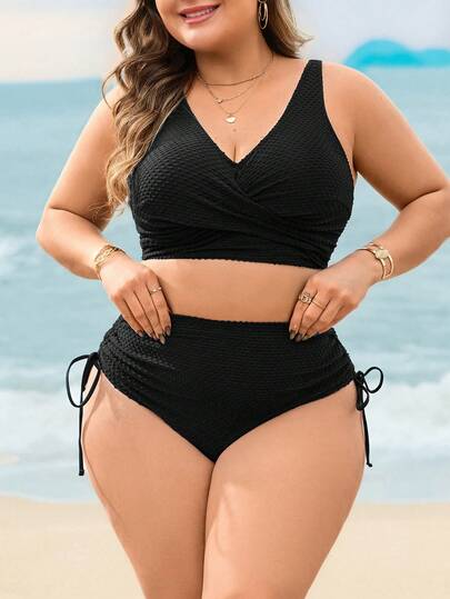 Swim Lushoire Plus Size Women's New Solid Color Special Fabric Mature 2-Piece Swimsuit, Removable Pads, Adjustable Straps, Sexy V-Neck Criss-Cross Front, Traditional High-Waisted Slimming Triangle Bottoms, High-Quality Comfortable Fabric, Casual Fashionable Resort Beach Swimwear