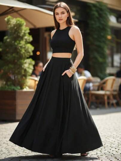 Falda Larga Plisada De Color Liso Para Mujer