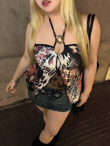 ROMWE J-Fashion Spring/Summer Y2K Leopard Print Animal Pattern Retro Design Spaghetti Strap Camisole, Vacation Casual Bohemian Hippie Style Women Plus Size Camisole And Tank Top Valentine's Day - Multicolor - View 4