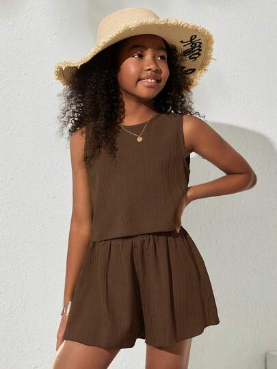 SHEIN NovaGlow Tween Girl Tween Girls' Casual Solid Color Sleeveless Woven Top And Shorts Set, Spring/Summer