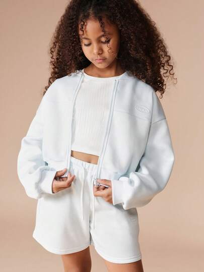  SUMWON Light Blue Full Zip Through Hoodie And Matching Shorts Co-Ord Set Without Drawstring Hood For Tween Girls Casual Vacation