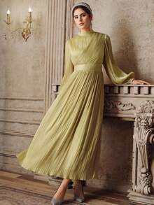 Anewsta Women's Long Pleated Dress, Elegant And Versatile Long Formal Gown - Mustard Yellow - View 7