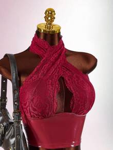 Amplova Women's Sexy 2 Pieces Set: Criss-Cross Lace Crop Top And Ultra Low-Waist Lace Patchwork Mini Skirt - Burgundy - View 1