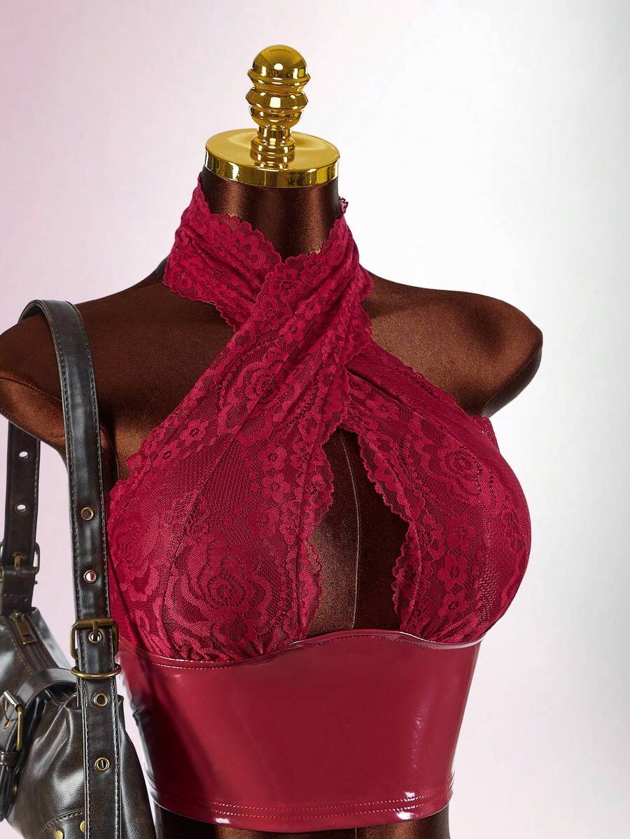 Amplova Women's Sexy 2 Pieces Set: Criss-Cross Lace Crop Top And Ultra Low-Waist Lace Patchwork Mini Skirt - Burgundy - View 1