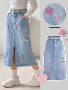SHEIN 女童粉色爱心刺绣蓝色牛仔破洞裙 - 淺色水洗藍 - 查看 1