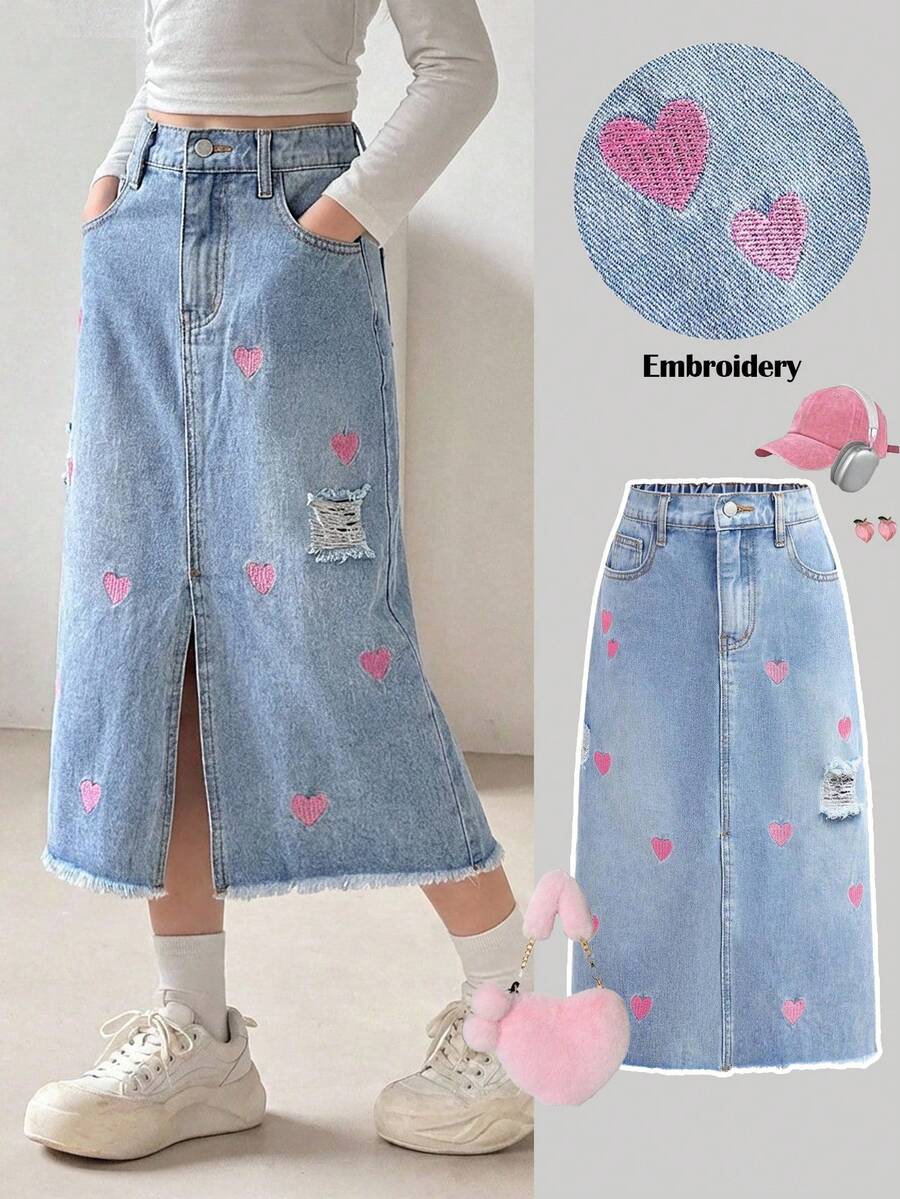 SHEIN 女童粉色爱心刺绣蓝色牛仔破洞裙 - 淺色水洗藍 - 查看 1