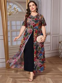 Reflora Damen Große Größen Blumenmuster V-Ausschnitt Rüschen Kurzarm Weites Bein Jumpsuit, Schwarz, Sommer, Elegant, Formal, Abend, Hochzeitsgast Bohemian Strand Outfits - Verschiedenfarbig - Übersicht 4