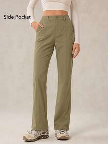 OutZeal Pantalones para mujer para exteriores de unicolor, resistentes al agua, elásticos, de nailon, de pierna acampanada y ajustados, para camping y senderismo, para primavera y verano - Caqui - Ver 3