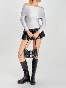 SHEIN EZwear Women's Solid Color Off Shoulder Long Sleeve Cropped Fitted T-Shirt, Autumn - Silver - View 6