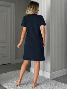 EURMUSE Đầm ngủ nữ Cotton Line cổ tròn tay ngắn màu xanh navy thoải mái, kiểu dáng thường ngày. - Màu xanh hải quân - Xem 2