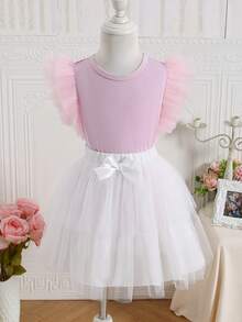 SHEIN Elladie kids 女童复活节荷叶边短袖T恤，适合日常外出和度假，夏季 - 粉色 - 查看 6